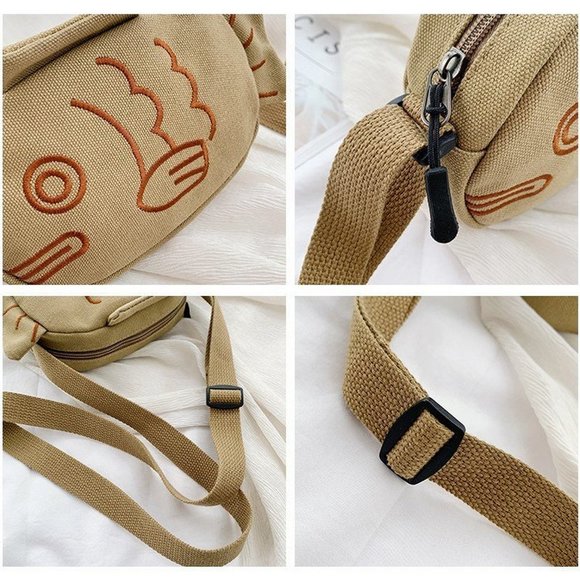 Girl's Japanese Style Embroidered Canvas Crossbody Bag with Wooden Fish Keychain - Picture 4 of 5